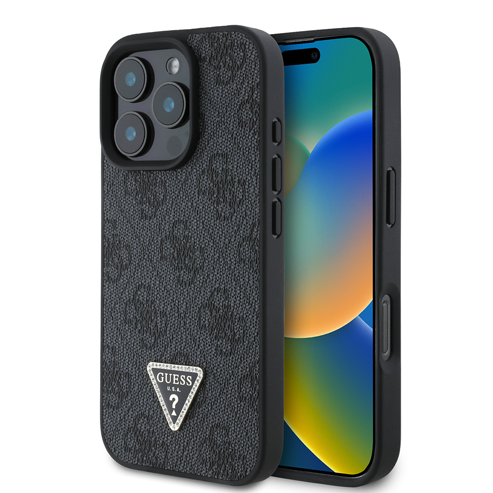 Apple iPhone 16 Pro Uyumlu Kılıf Guess Orjinal Lisanslı PU Deri Taşlı Üçgen Logo 4G Desenli Strass Kapak