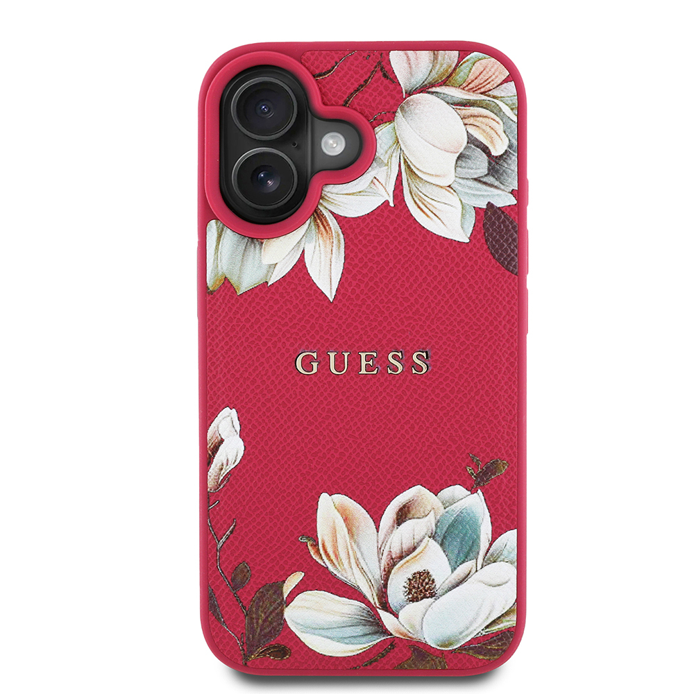 Apple iPhone 16 Uyumlu Kılıf Guess Orjinal Lisanslı M-safe Şarj Özellikli Taneli Çiçek Tasarımlı Metal Yazı Logolu Kapak