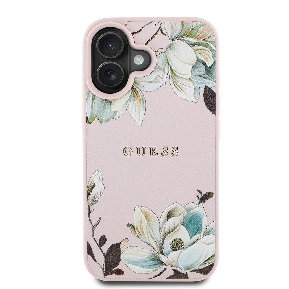 Apple iPhone 16 Uyumlu Kılıf Guess Orjinal Lisanslı M-safe Şarj Özellikli Taneli Çiçek Tasarımlı Metal Yazı Logolu Kapak