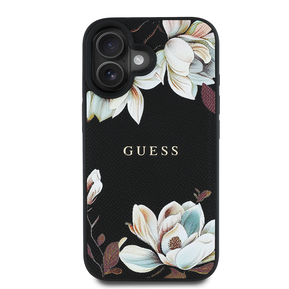 Apple iPhone 16 Uyumlu Kılıf Guess Orjinal Lisanslı M-safe Şarj Özellikli Taneli Çiçek Tasarımlı Metal Yazı Logolu Kapak