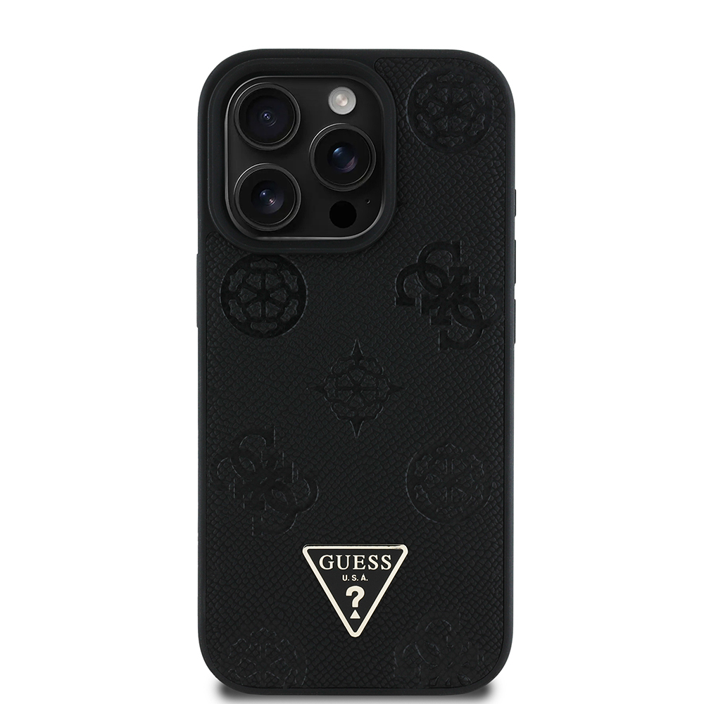 Apple iPhone 15 Pro Max Uyumlu Kılıf Guess Orjinal Lisanslı M-safe Şarj Özellikli Sıcak Baskılı Üçgen Logolu PU Deri Peony Kapak