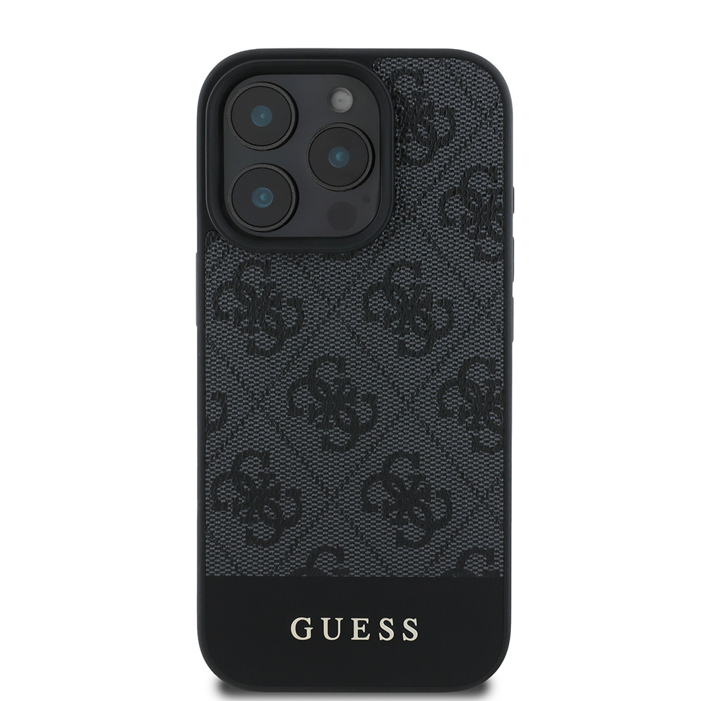 [RNZ-TA116180] Apple iPhone 16 Pro Max Uyumlu Kılıf Guess Orjinal Lisanslı PU Deri Şerit Logo Dizaynlı Kapak (Siyah)