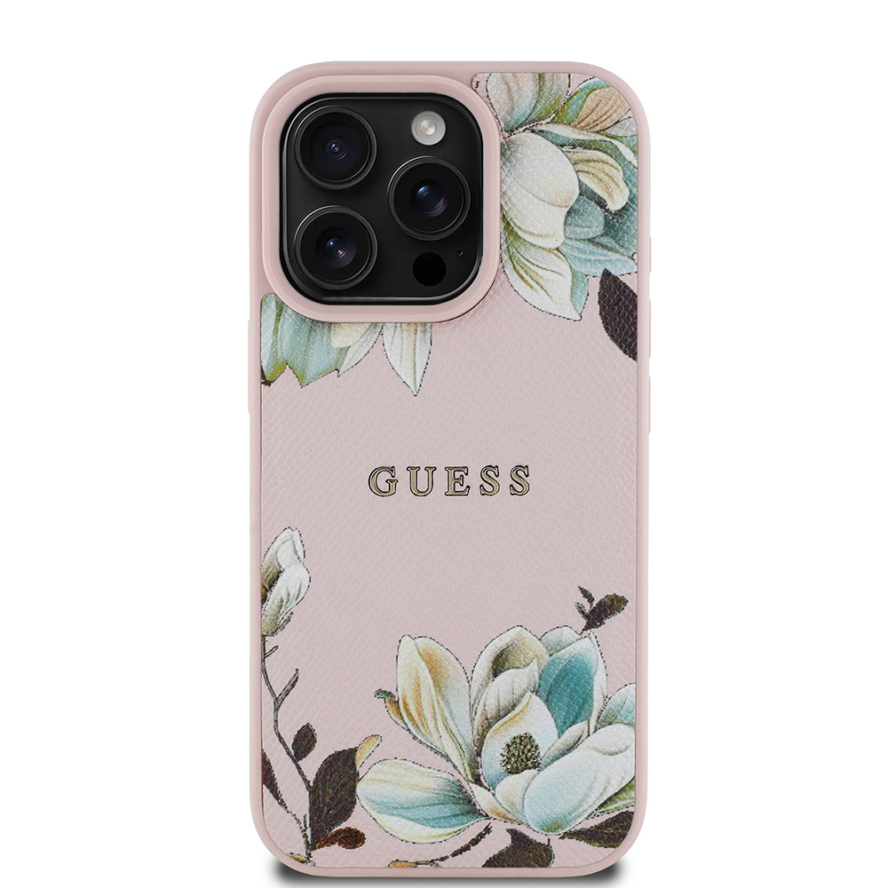 Apple iPhone 15 Pro Max Uyumlu Kılıf Guess Orjinal Lisanslı M-safe Şarj Özellikli Taneli Çiçek Tasarımlı Metal Yazı Logolu Kapak