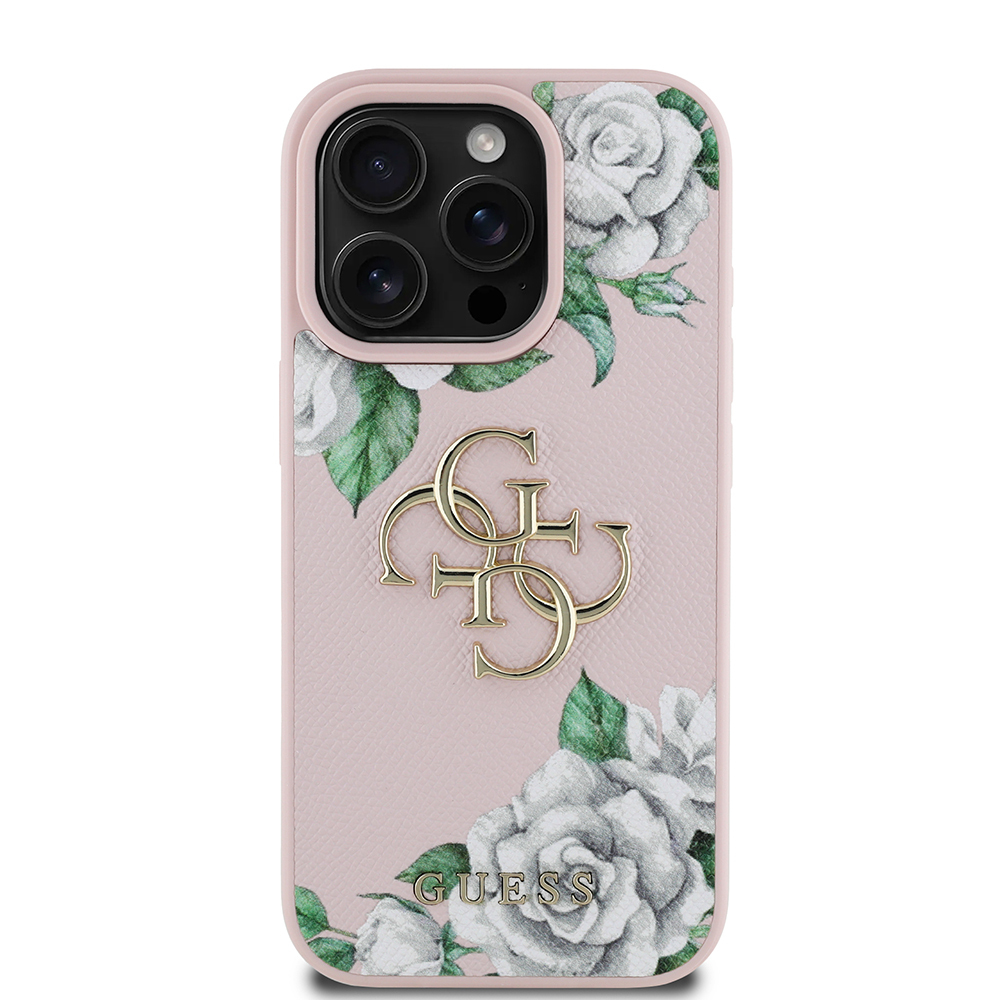 Apple iPhone 15 Pro Max Uyumlu Kılıf Guess Orjinal Lisanslı Gül Baskılı Büyük Metal Logo Dizaynlı Kapak