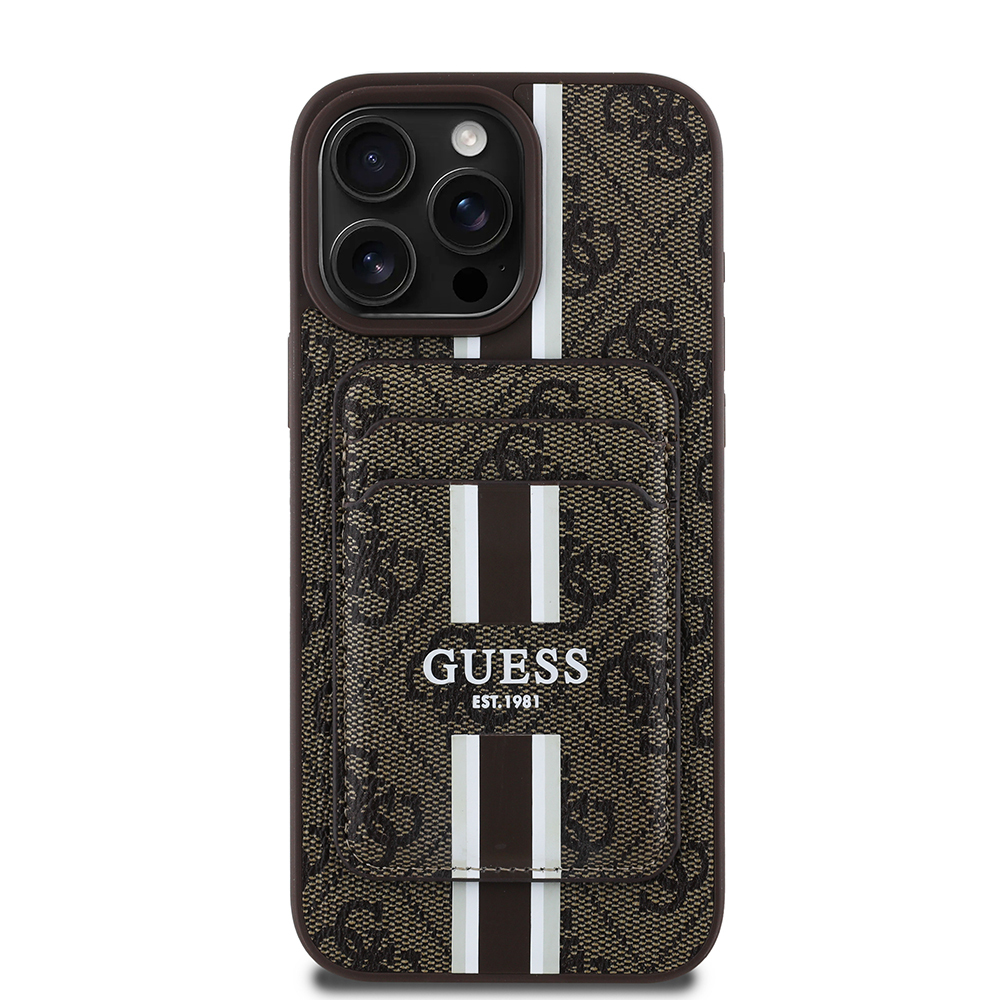 Apple iPhone 15 Pro Max Uyumlu Kılıf Guess Orjinal Lisanslı M-safe Şarj Özellikli 4G Desenli Çizgili Kartlıklı Kapak