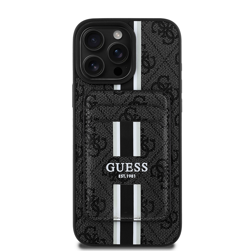 Apple iPhone 15 Pro Max Uyumlu Kılıf Guess Orjinal Lisanslı M-safe Şarj Özellikli 4G Desenli Çizgili Kartlıklı Kapak