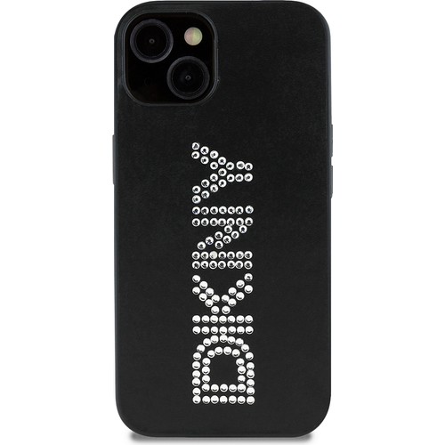 [ZTA116243] Apple iPhone 14 Uyumlu Kılıf DKNY Orjinal Lisanslı Taşlı DKNY Yazılı Metalik Rhinestones PU Deri Kapak (Siyah)