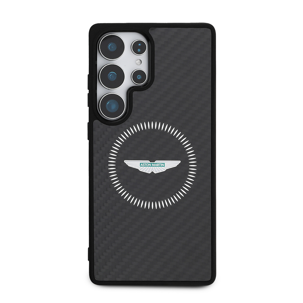 Samsung Galaxy S25 Ultra Uyumlu Kılıf Aston Martin Orjinal Lisanslı M-safe Şarj Özellikli Radyal Halka ve Karbon Fiber Tasarımlı Kapak