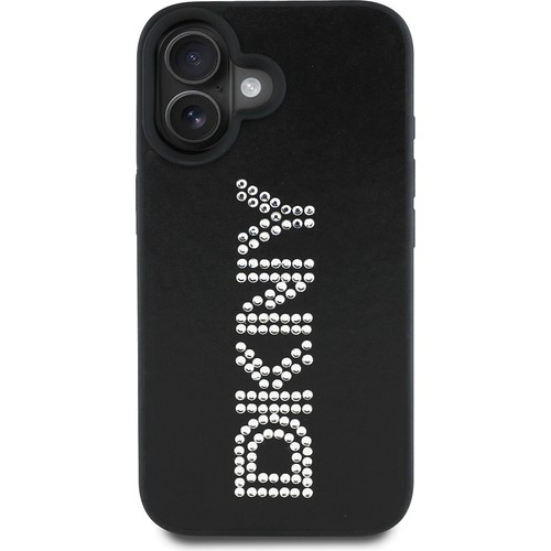 [ZTA116249] Apple iPhone 16 Uyumlu Kılıf DKNY Orjinal Lisanslı Taşlı DKNY Yazılı Metalik Rhinestones PU Deri Kapak (Siyah)