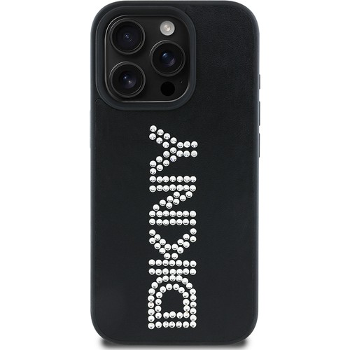 [ZTA116251] Apple iPhone 16 Pro Uyumlu Kılıf DKNY Orjinal Lisanslı Taşlı DKNY Yazılı Metalik Rhinestones PU Deri Kapak (Siyah)