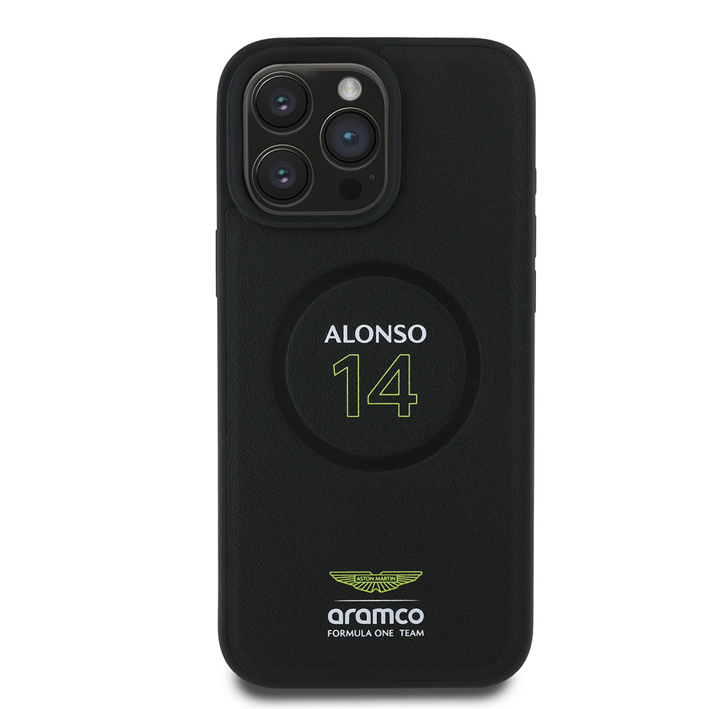 Apple iPhone 16 Pro Max Uyumlu Kılıf Aston Martin Orjinal Lisanslı M-safe Şarj Özellikli PU Deri Alonso 14 Baskılı Kapak