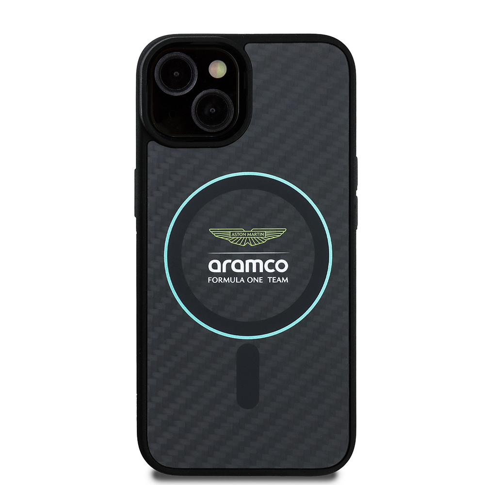 Apple iPhone 14 Uyumlu Kılıf Aston Martin Orjinal Lisanslı M-safe Şarj Özellikli Renkli Halka ve Karbon Fiber Tasarımlı Kapak
