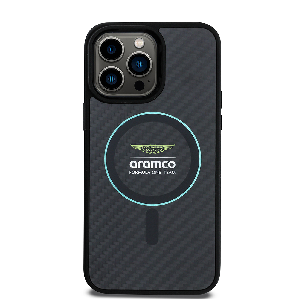 Apple iPhone 14 Pro Max Uyumlu Kılıf Aston Martin Orjinal Lisanslı M-safe Şarj Özellikli Renkli Halka ve Karbon Fiber Tasarımlı Kapak