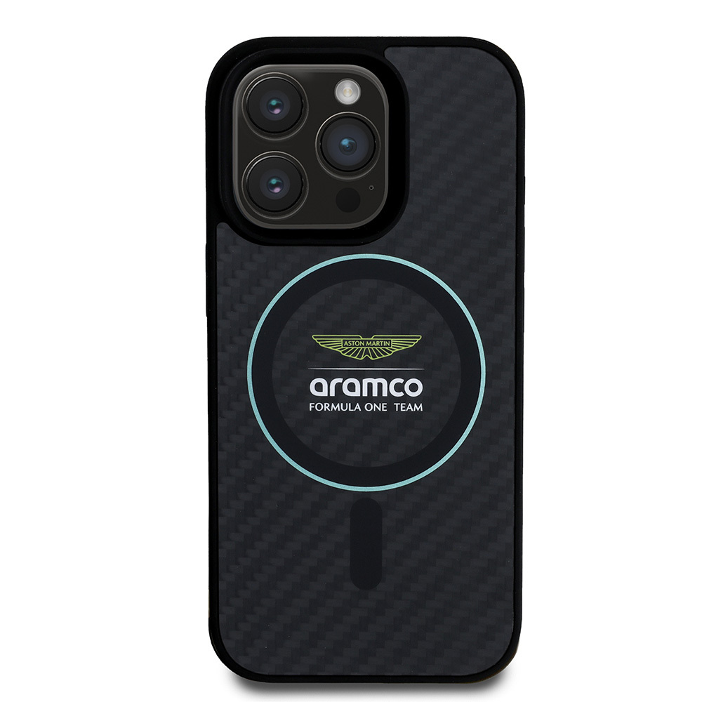 Apple iPhone 16 Pro Max Uyumlu Kılıf Aston Martin Orjinal Lisanslı M-safe Şarj Özellikli Renkli Halka ve Karbon Fiber Tasarımlı Kapak