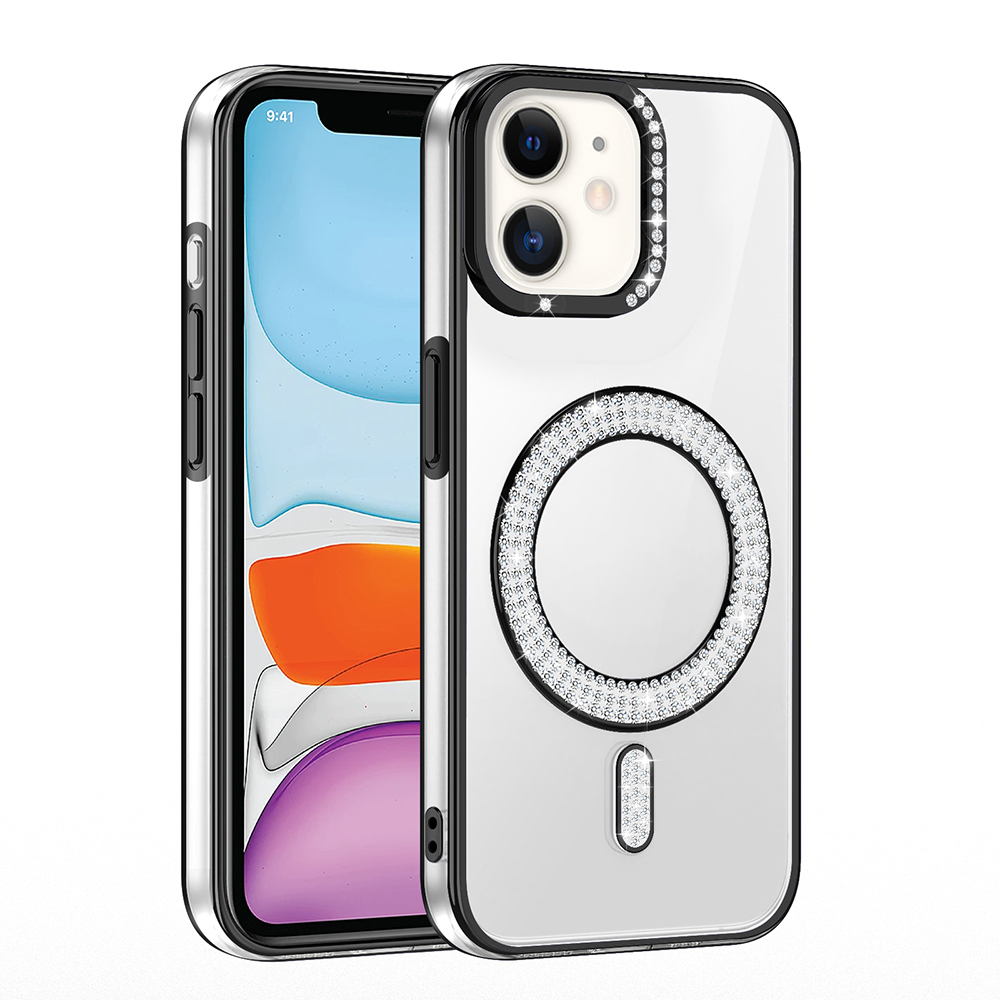[RNZ-TA116752] Apple iPhone 12 Uyumlu Kılıf Pırlanta Taş Tasarımlı M-safe Şarj Özellikli Zore Karetta Silikon Kapak (Siyah)