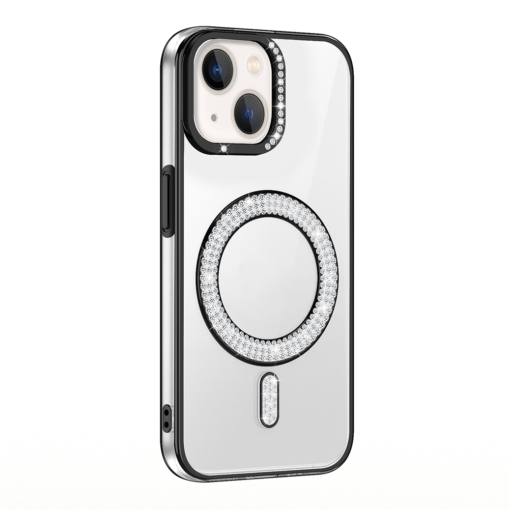 [RNZ-TA116764] Apple iPhone 13 Uyumlu Kılıf Pırlanta Taş Tasarımlı M-safe Şarj Özellikli Zore Karetta Silikon Kapak (Siyah)