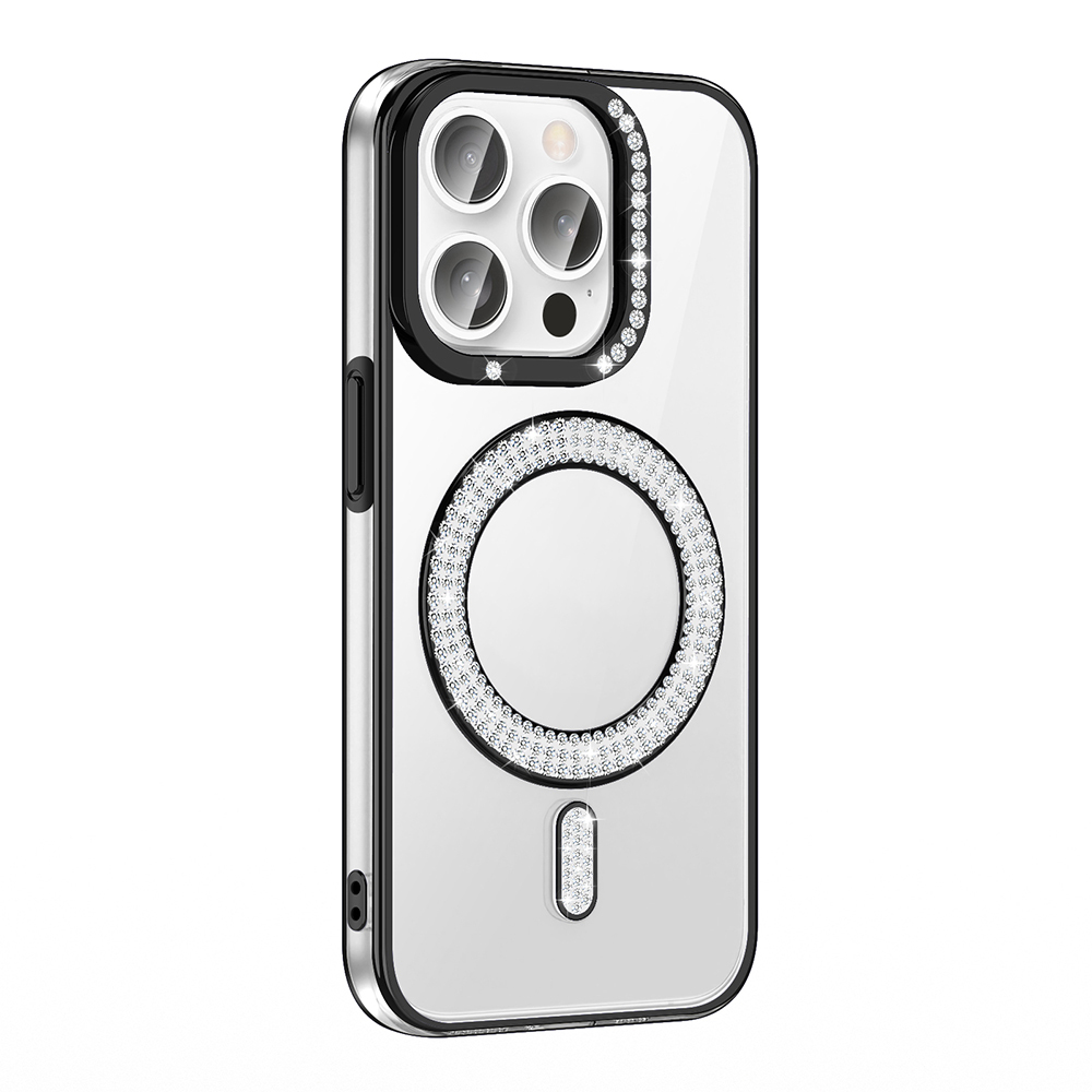 [RNZ-TA116776] Apple iPhone 14 Pro Max Uyumlu Kılıf Pırlanta Taş Tasarımlı M-safe Şarj Özellikli Zore Karetta Silikon Kapak (Siyah)