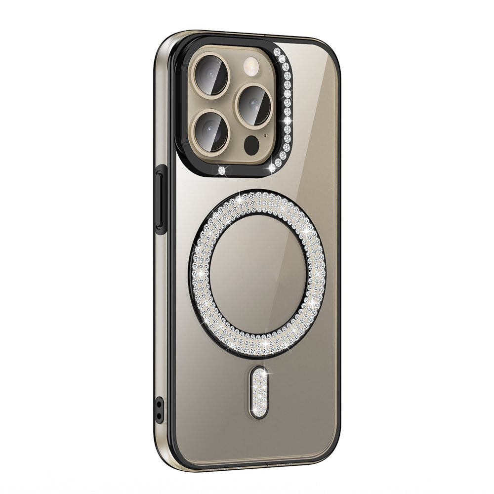 [RNZ-TA116788] Apple iPhone 15 Pro Uyumlu Kılıf Pırlanta Taş Tasarımlı M-safe Şarj Özellikli Zore Karetta Silikon Kapak (Siyah)