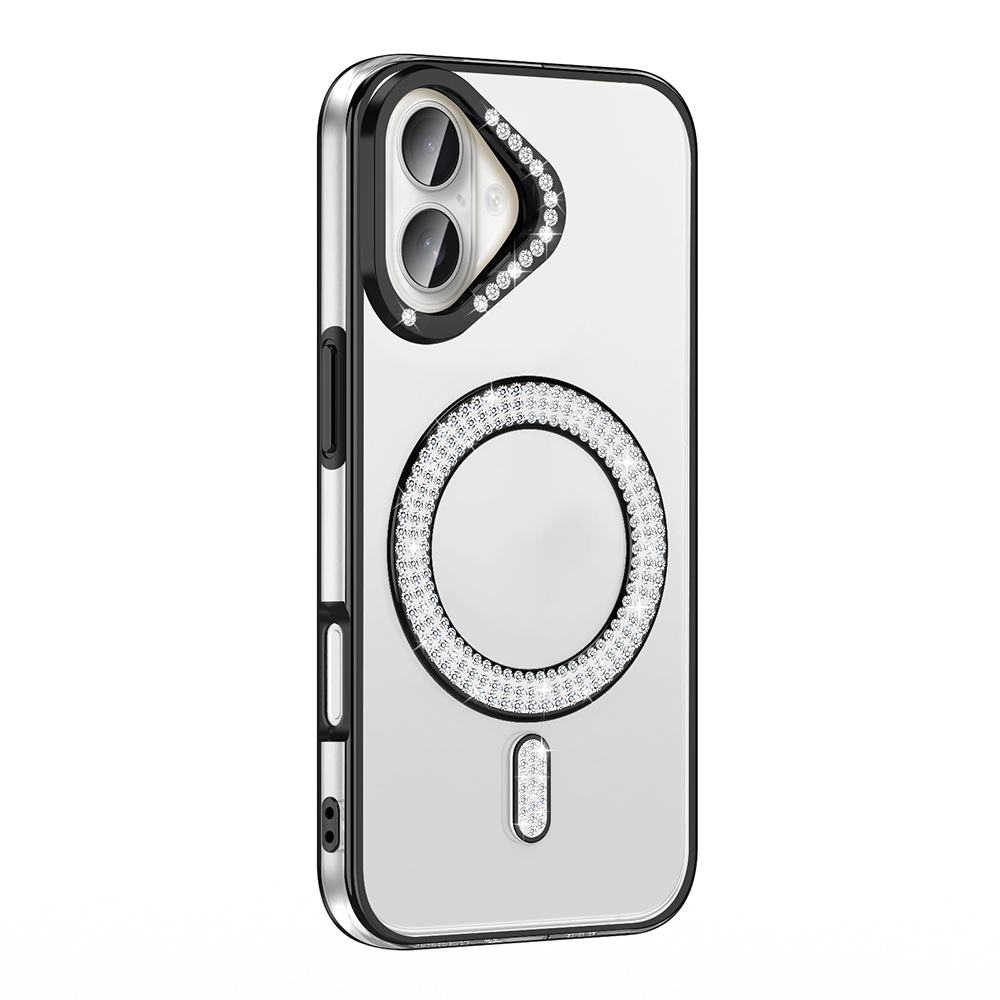[RNZ-TA116806] Apple iPhone 16 Plus Uyumlu Kılıf Pırlanta Taş Tasarımlı M-safe Şarj Özellikli Zore Karetta Silikon Kapak (Siyah)