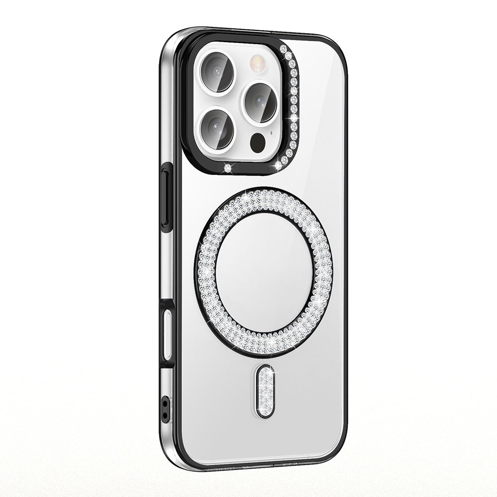 [RNZ-TA116818] Apple iPhone 16 Pro Max Uyumlu Kılıf Pırlanta Taş Tasarımlı M-safe Şarj Özellikli Zore Karetta Silikon Kapak (Siyah)