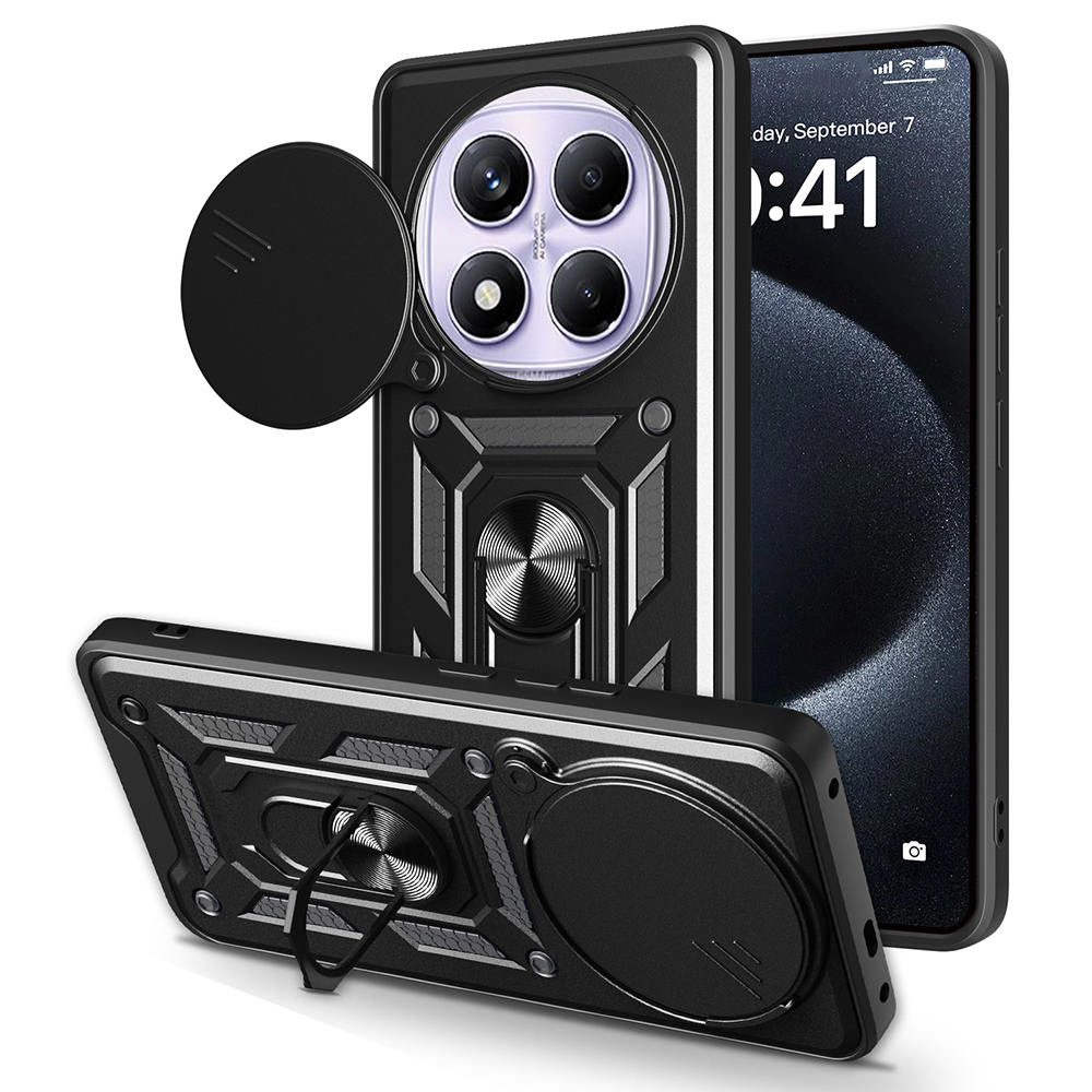 [RNZ-TA116595] Xiaomi Redmi Note 14 Pro 4G Uyumlu Kılıf Magnetik Standlı Kamera Korumalı Zore Sürgülü Vega Kapak (Siyah)
