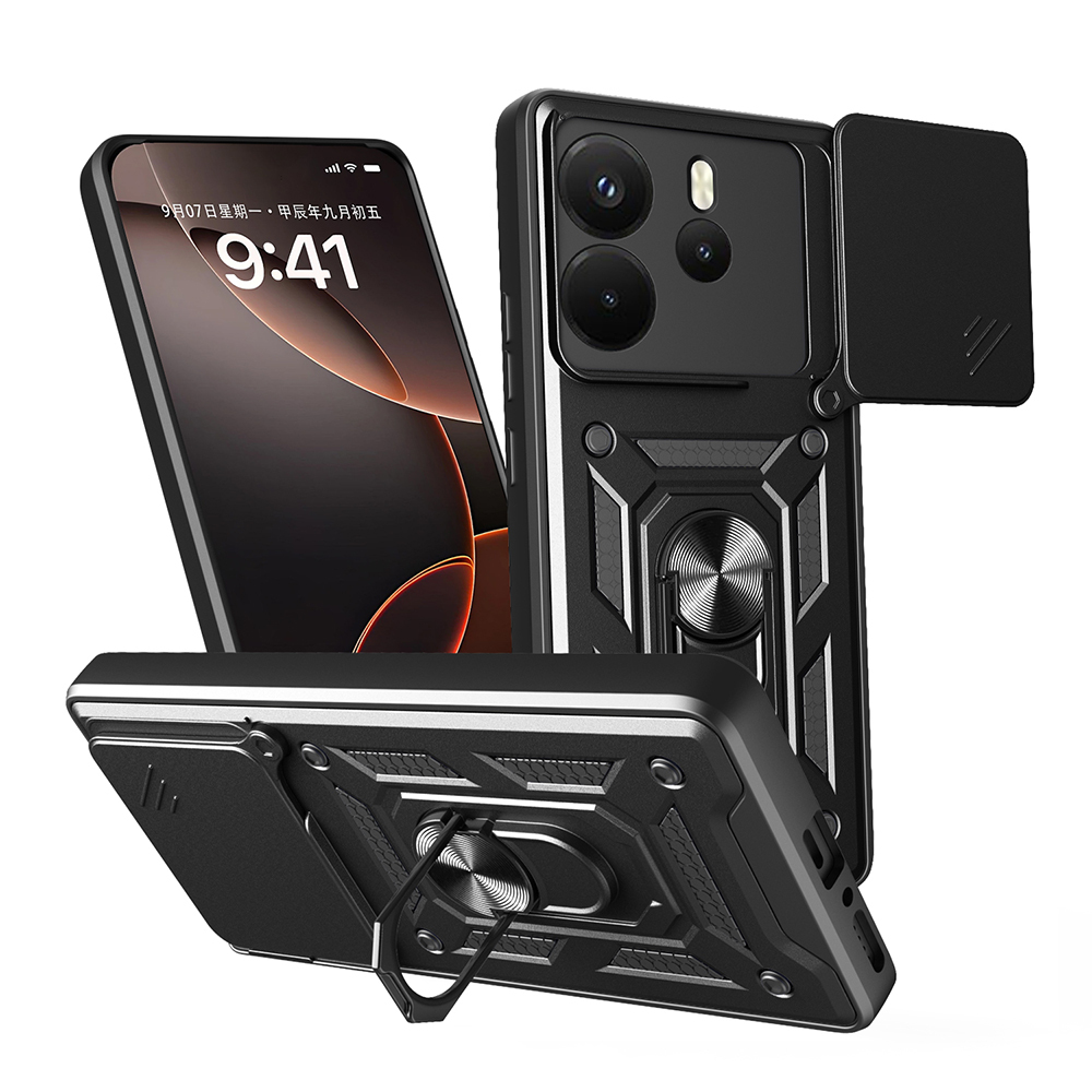 [RNZ-TA116593] Xiaomi Redmi Note 14 4G Uyumlu Kılıf Magnetik Standlı Kamera Korumalı Zore Sürgülü Vega Kapak (Siyah)