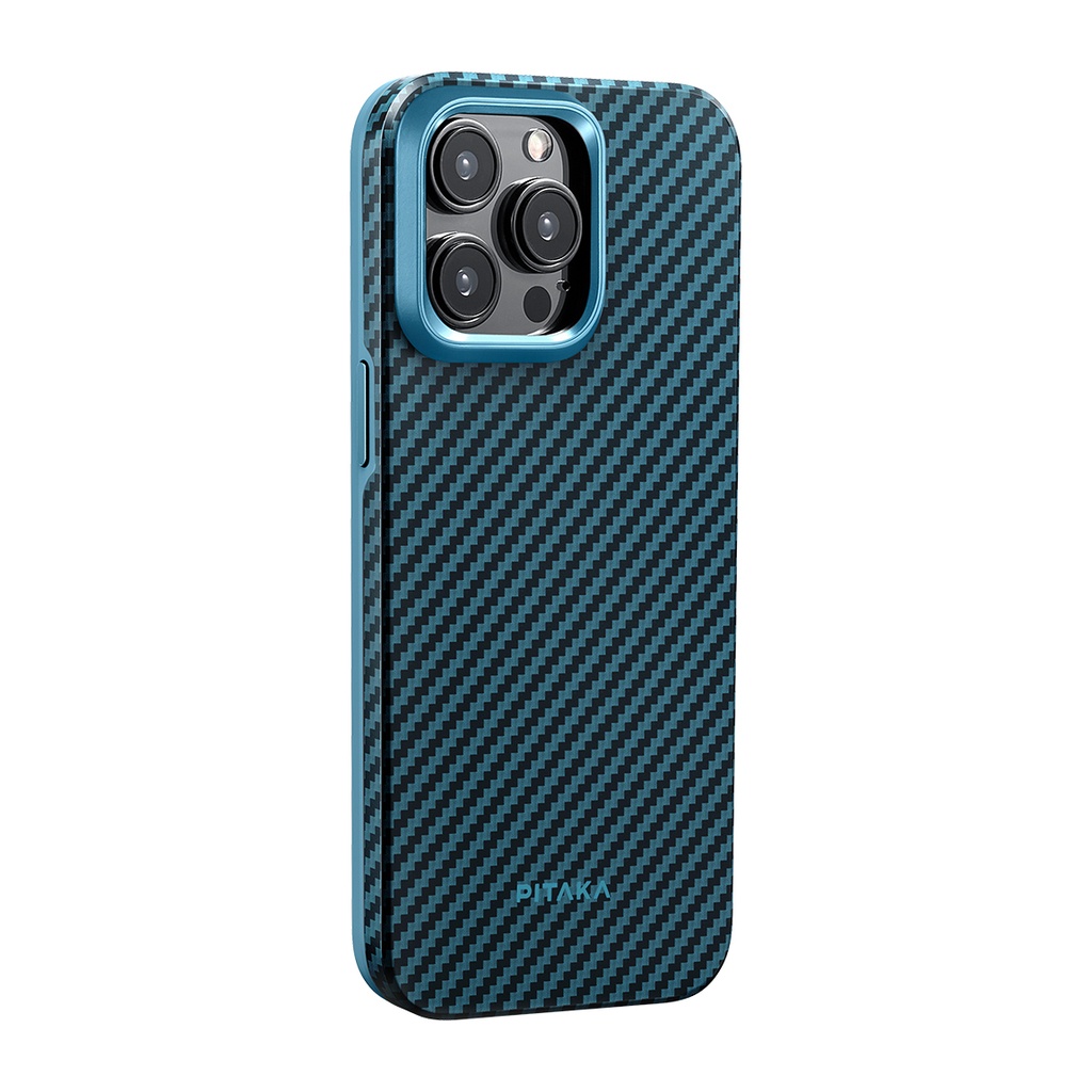 [RNZ-TA118895] Apple iPhone 15 Pro Uyumlu Kılıf M-safe Şarj Özellikli 1500D Aramid Fiber Pitaka Military-Grade Classic Serisi Black-Grey Twill Kapak (Siyah-Mavi)