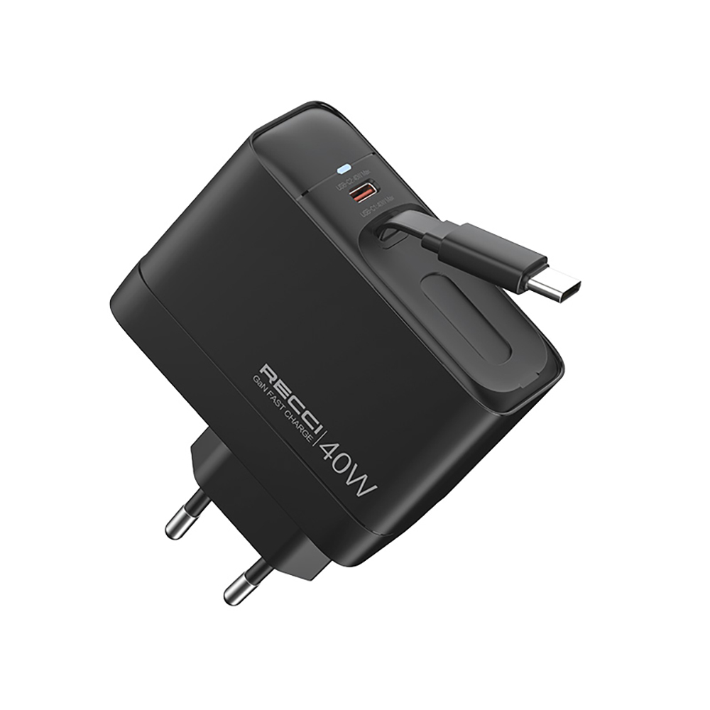 Recci RC102E GaN Teknolojili Hızlı Şarj Başlığı USB-A to Type-C PD 40W Type-C Kablolu Şarj Seti