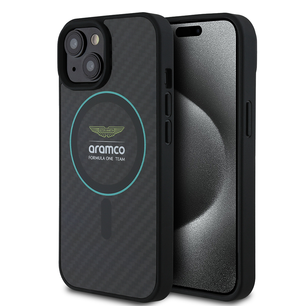 Apple iPhone 15 Uyumlu Kılıf Aston Martin Orjinal Lisanslı M-safe Şarj Özellikli Renkli Halka ve Karbon Fiber Tasarımlı Kapak