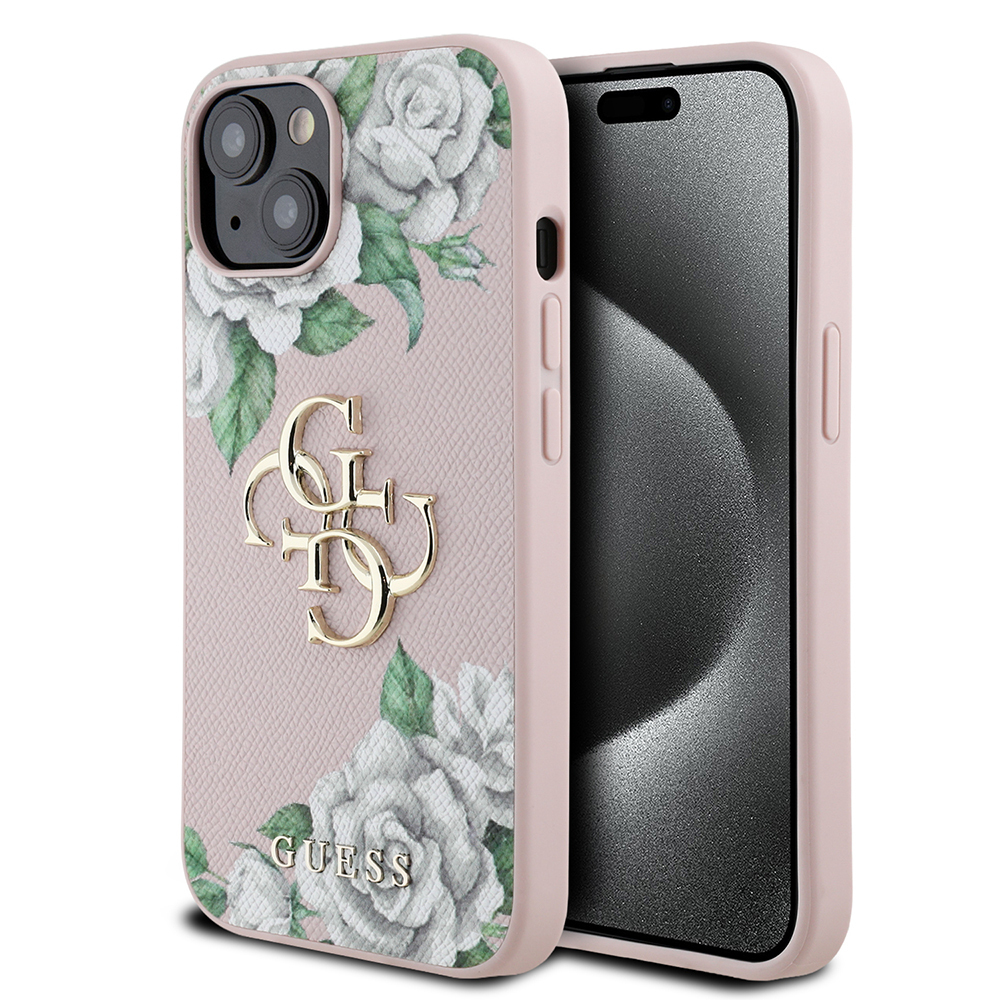 Apple iPhone 15 Uyumlu Kılıf Guess Orjinal Lisanslı Gül Baskılı Büyük Metal Logo Dizaynlı Kapak