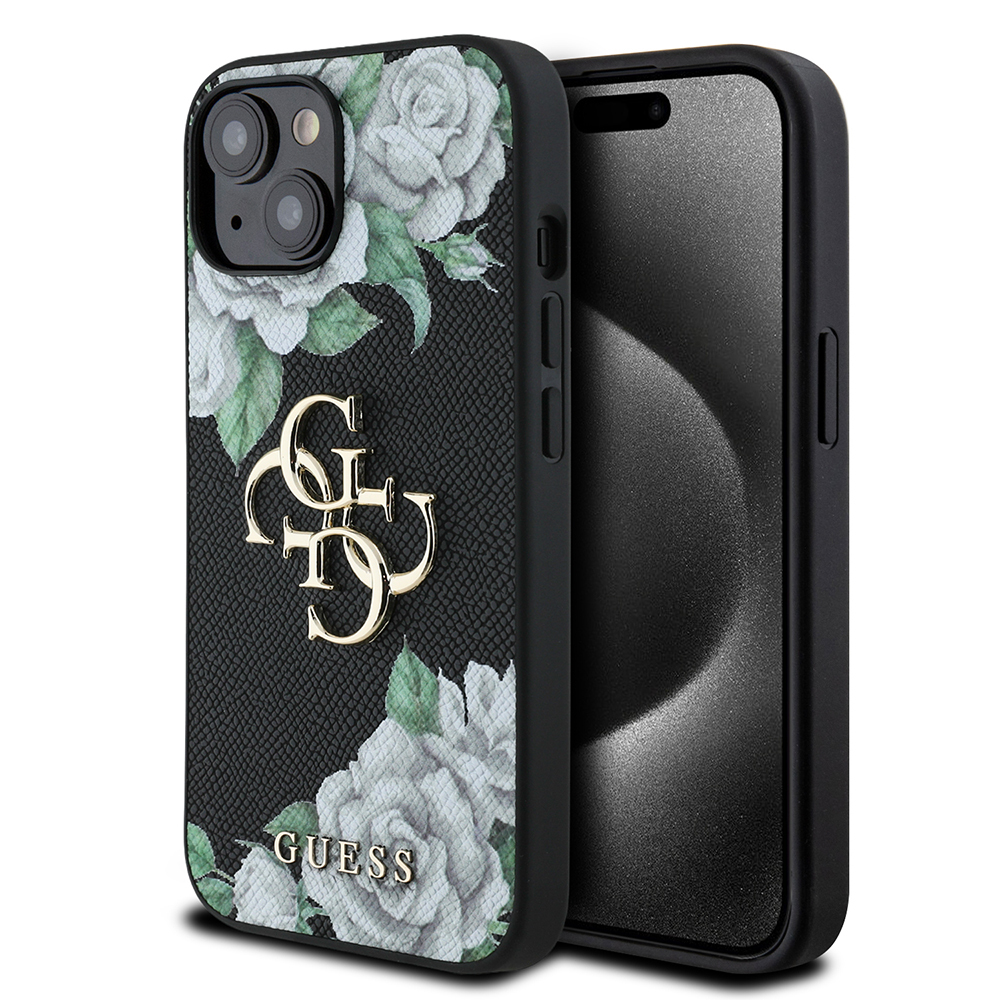 Apple iPhone 15 Uyumlu Kılıf Guess Orjinal Lisanslı Gül Baskılı Büyük Metal Logo Dizaynlı Kapak