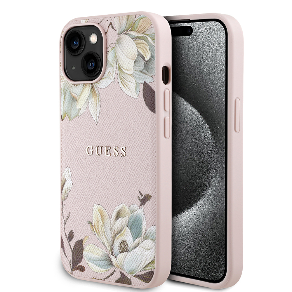 Apple iPhone 15 Uyumlu Kılıf Guess Orjinal Lisanslı M-safe Şarj Özellikli Taneli Çiçek Tasarımlı Metal Yazı Logolu Kapak