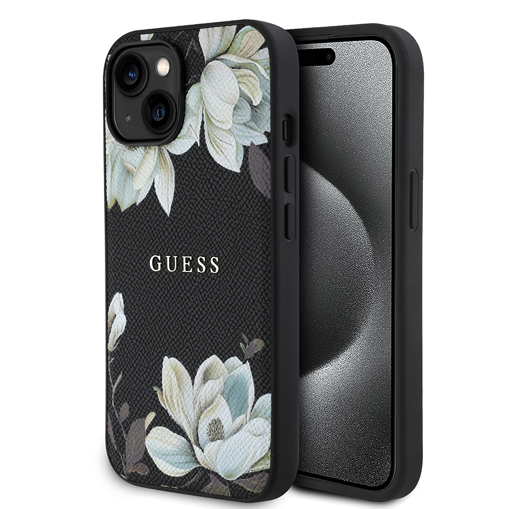 Apple iPhone 15 Uyumlu Kılıf Guess Orjinal Lisanslı M-safe Şarj Özellikli Taneli Çiçek Tasarımlı Metal Yazı Logolu Kapak