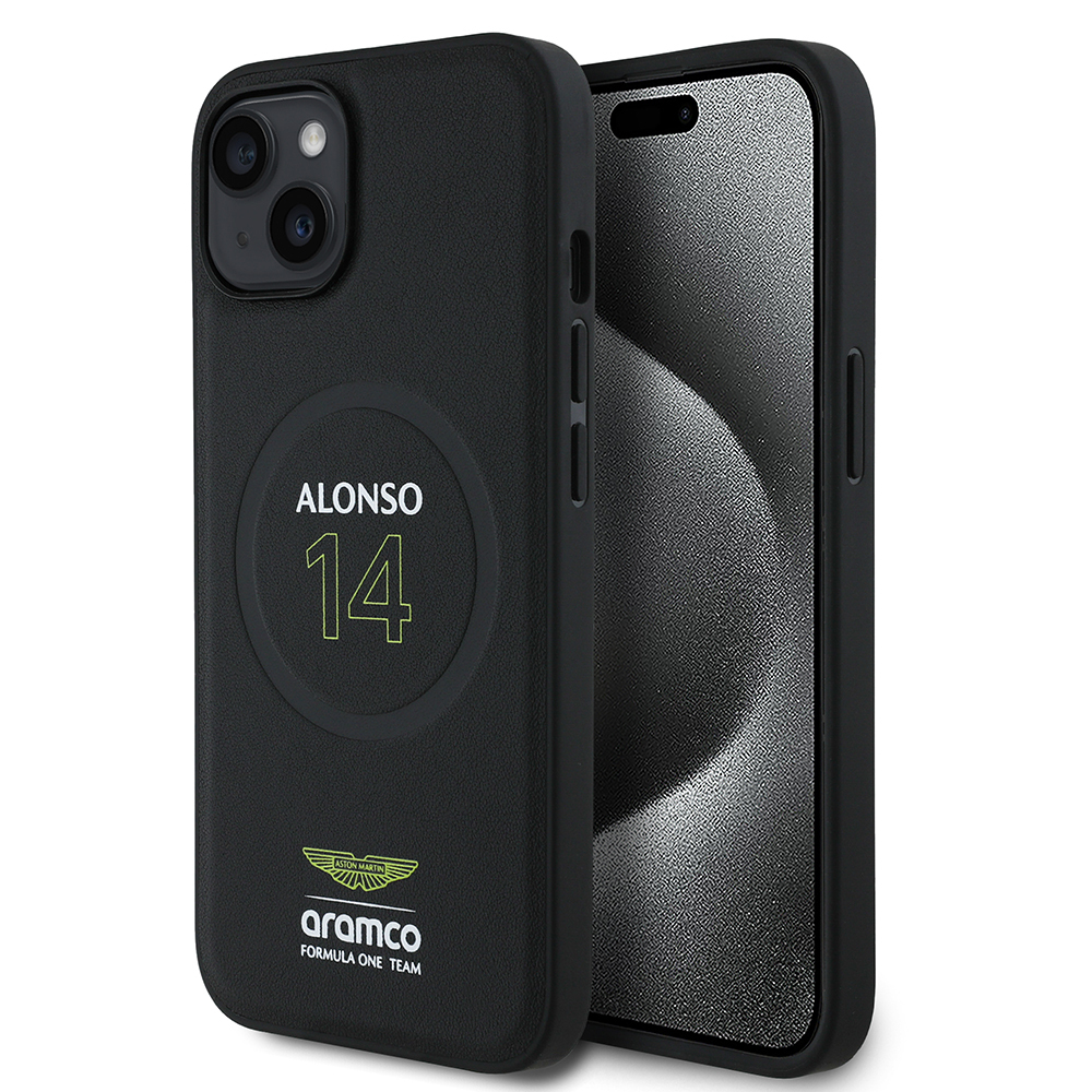 Apple iPhone 15 Uyumlu Kılıf Aston Martin Orjinal Lisanslı M-safe Şarj Özellikli PU Deri Alonso 14 Baskılı Kapak
