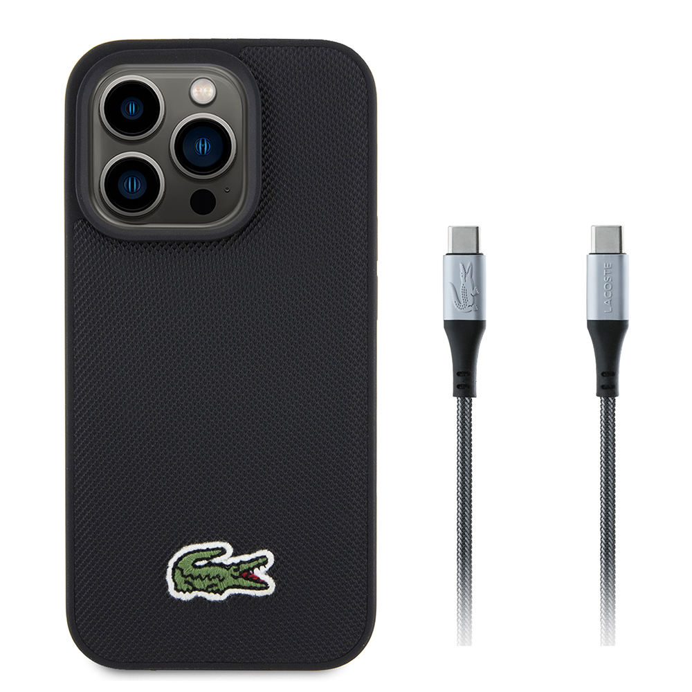Apple iPhone 15 Pro Max Uyumlu Kılıf Lacoste Orjinal Lisanslı PU Pike Desenli Arka Yüzey İkonik Timsah Dokuma Logolu Kapak + Type-C Kablo 1.5m