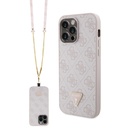 Apple iPhone 14 Pro Max Uyumlu Kılıf Guess Orjinal Lisanslı PU Deri Taşlı Metal Üçgen Logolu Çapraz Vücut Askılı 4G Desenli Kapak