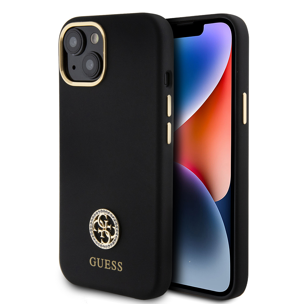 Apple iPhone 15 Uyumlu Kılıf Guess Orjinal Lisanslı Yazı ve Taşlı 4G Logolu Metal Kamera Çerçeveli Silikon Kapak