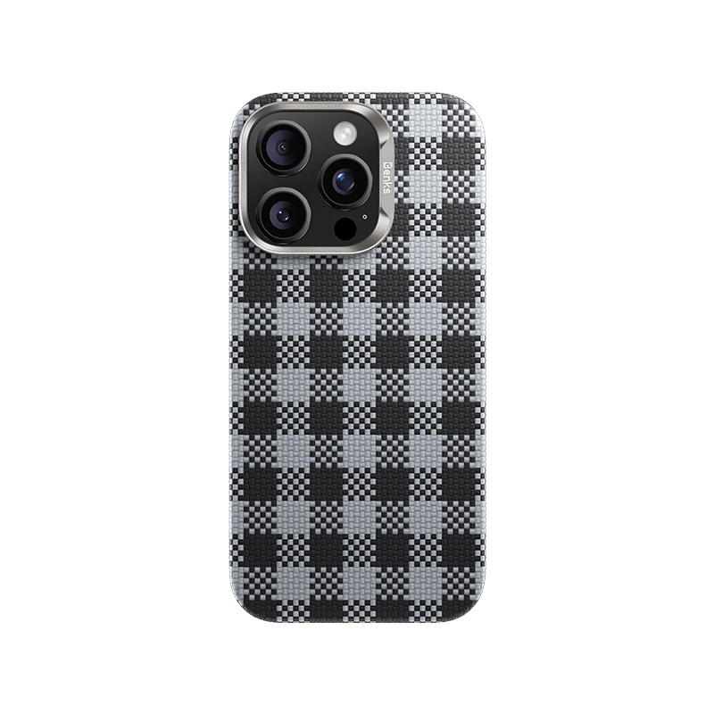 [RNZ-TA120352] Apple iPhone 16 Pro Max Uyumlu Kılıf M-safe Şarj Özellikli Ekose Tasarımlı Benks ArmorVichy Kevlar Kapak (Siyah)