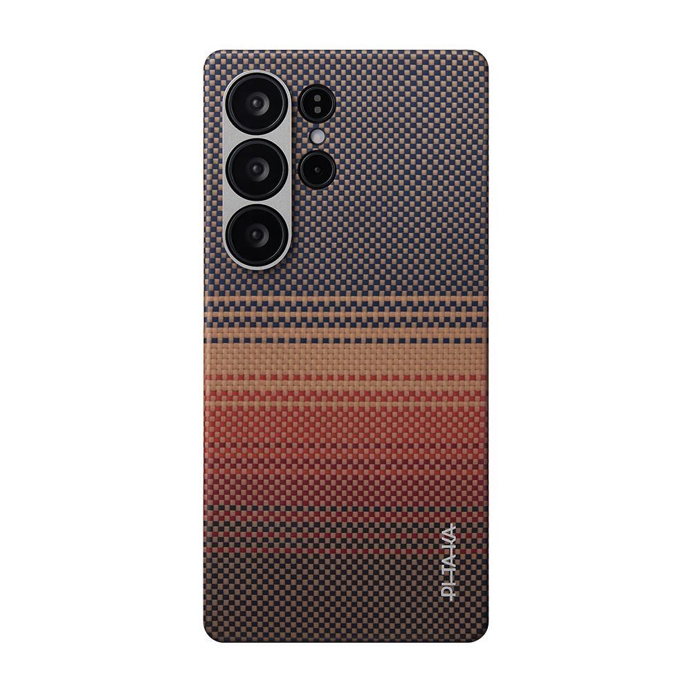 Samsung Galaxy S25 Ultra Uyumlu Kılıf M-safe Şarj Özellikli Aramid Fiber Pitaka Tactile Woven Sunset-Moonrise Serisi Kapak