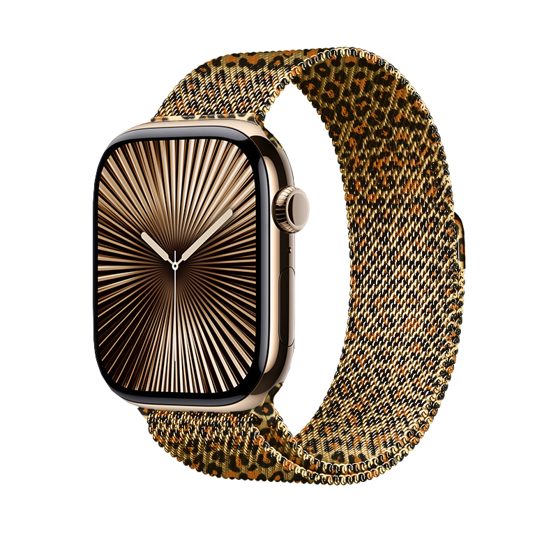 [RNZ-TA120371] Apple Watch 44mm Uyumlu Zore KRD-01 Leopar Desenli Metal Kordon (Gold Leopar)