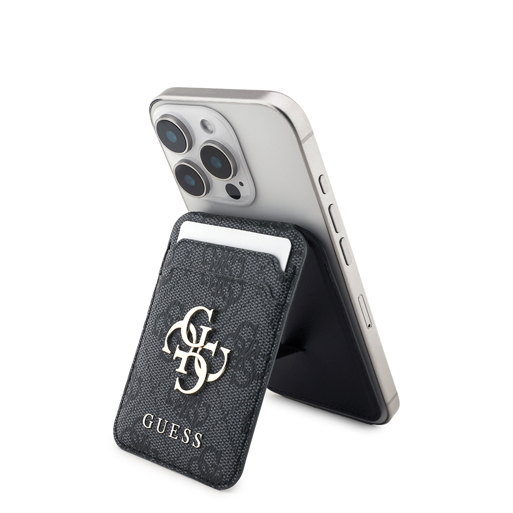 [RNZ-TA120971] Guess Orjinal Lisanslı PU Deri 4G Desenli Metal Büyük 4G ve Yazı Logolu Standlı Magnetik Kartlık (Siyah)