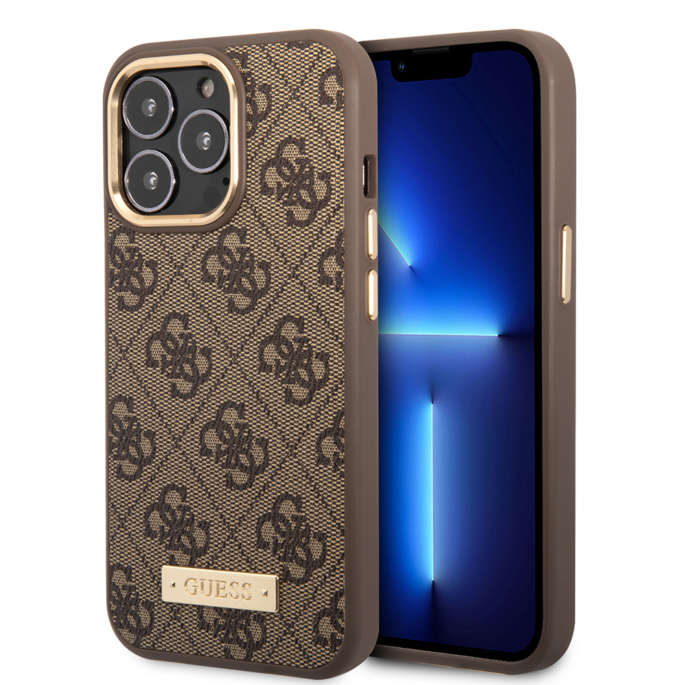 Apple iPhone 15 Pro Max Uyumlu Kılıf Guess Orjinal Lisanslı M-safe Şarj Özellikli 4G Desenli PU Metal Plaka Klasik Logolu Kapak