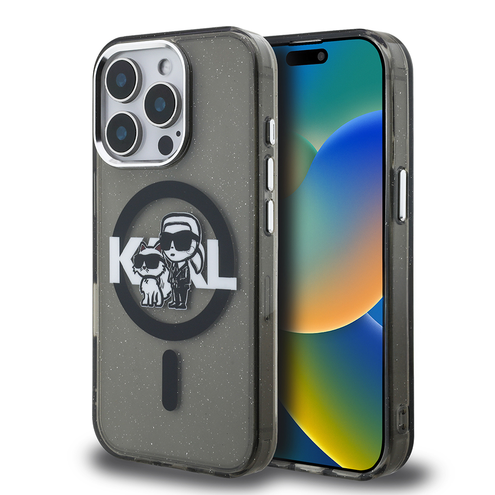 Apple iPhone 15 Pro Max Uyumlu Kılıf Karl Lagerfeld Orjinal Lisanslı Parlayan Simli Karl & Choupette Sketch Logo Kapak