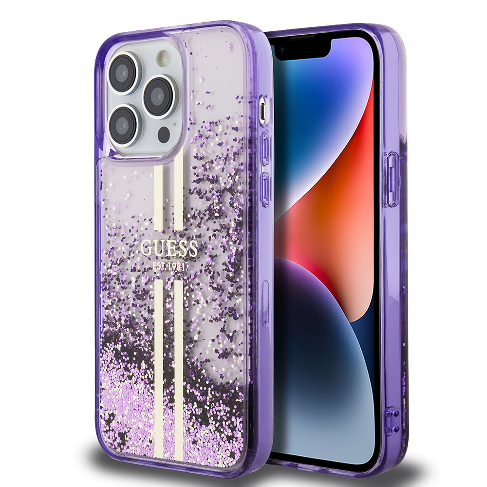 Apple iPhone 14 Pro Max Uyumlu Kılıf Guess Orjinal Lisanslı Transparan Sıvılı Simli Altın Çizgili Kapak