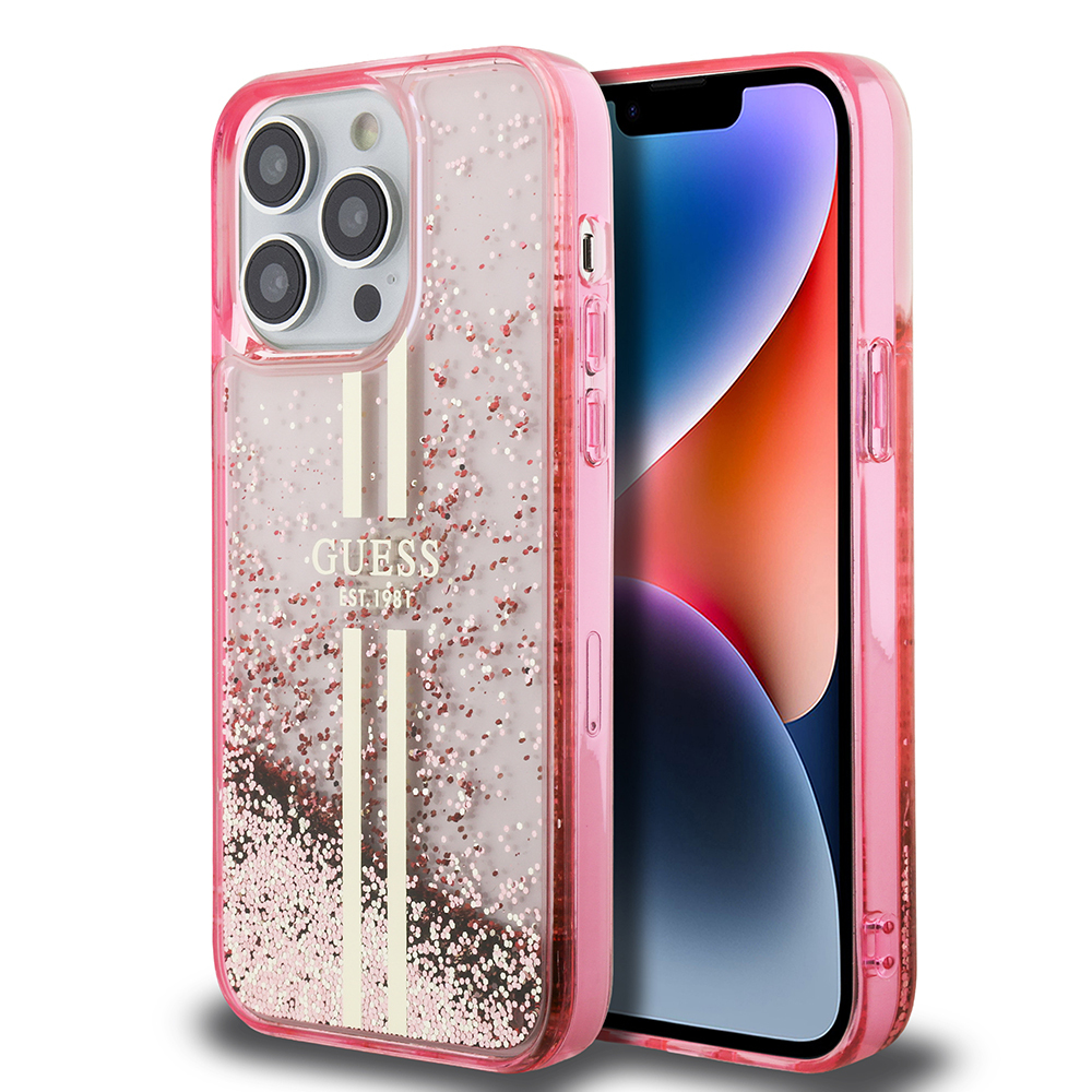 Apple iPhone 14 Pro Max Uyumlu Kılıf Guess Orjinal Lisanslı Transparan Sıvılı Simli Altın Çizgili Kapak