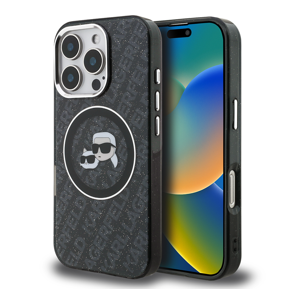 Apple iPhone 16 Pro Uyumlu Kılıf Karl Lagerfeld Orjinal Lisanslı Parlayan Simli Karl & Choupette Heads Kapak
