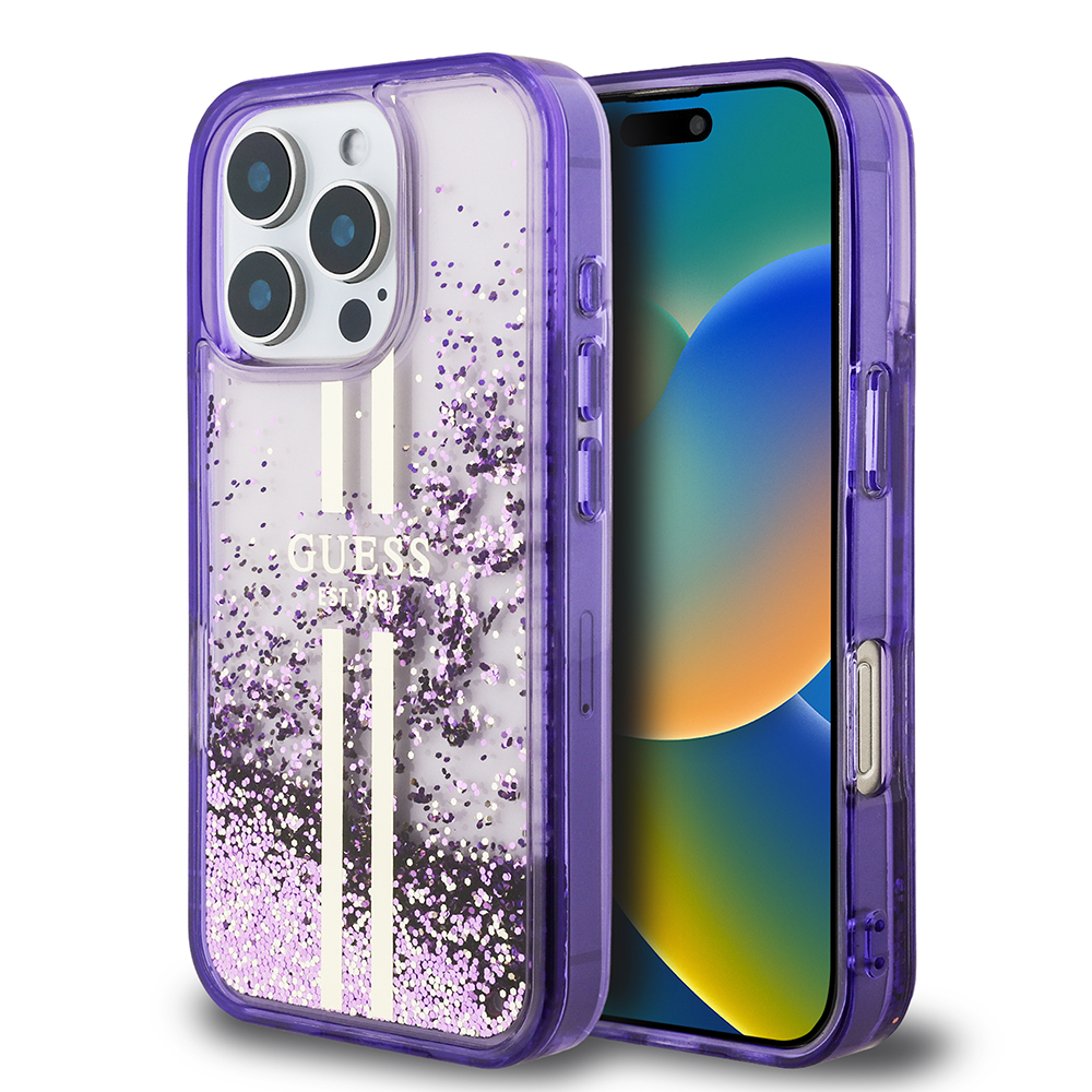 [RNZ-TA120487] Apple iPhone 16 Pro Uyumlu Kılıf Guess Orjinal Lisanslı Transparan Sıvılı Simli Altın Çizgili Kapak (Mor)