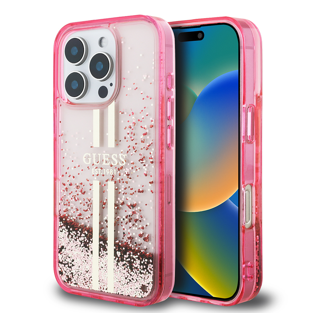 Apple iPhone 16 Pro Uyumlu Kılıf Guess Orjinal Lisanslı Transparan Sıvılı Simli Altın Çizgili Kapak
