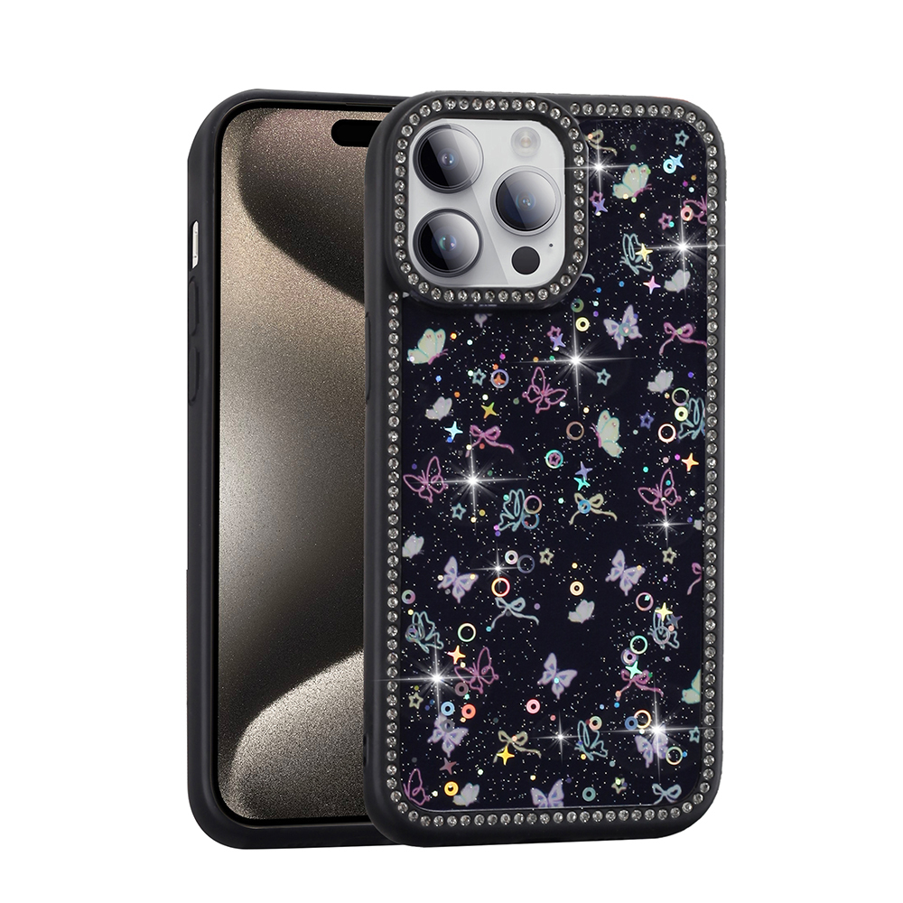 [RNZ-TA120571] Apple iPhone 14 Pro Uyumlu Kılıf Taşlı ve Simli Tasarım Zore Azra Kapak (Siyah)