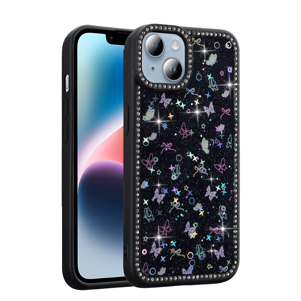 [RNZ-TA120583] Apple iPhone 15 Uyumlu Kılıf Taşlı ve Simli Tasarım Zore Azra Kapak (Siyah)